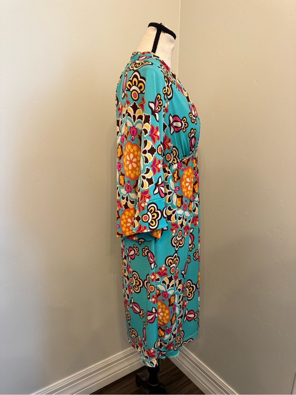 Judith March Boho Empire Waist Midi Dress Large Turquoise Retro Floral Made USA - Picture 12 of 12